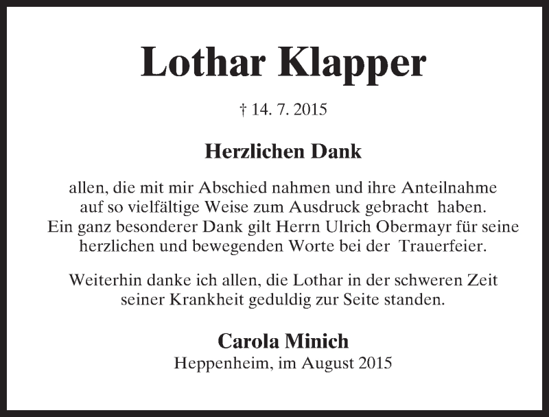  Traueranzeige für Lothar Klapper vom 08.08.2015 aus trauer.echo-online.de
