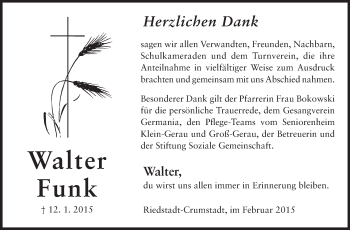 Traueranzeige von Walter Funk von Echo-Zeitungen (Gesamtausgabe)