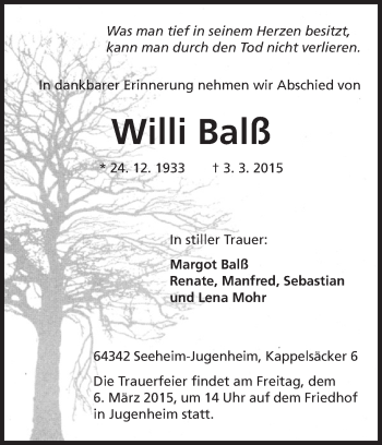 Traueranzeige von Willi Balß von Echo-Zeitungen (Gesamtausgabe)