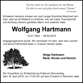 Traueranzeige von Wolfgang Hartmann von Darmstädter Echo, Odenwälder Echo, Rüsselsheimer Echo, Groß-Gerauer-Echo, Ried Echo