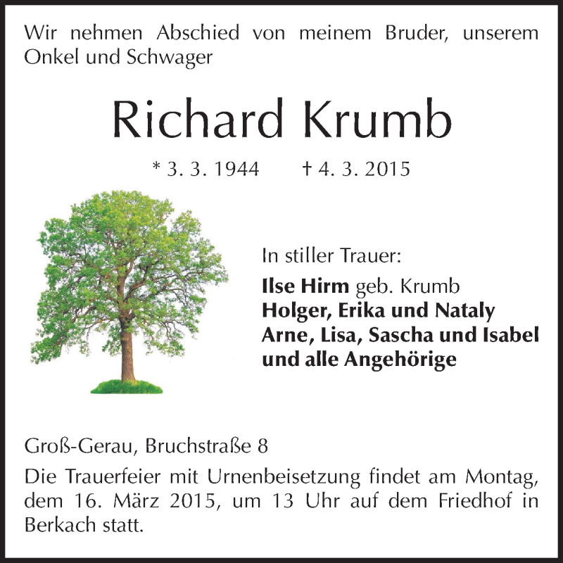  Traueranzeige für Richard Krumb vom 14.03.2015 aus Rüsselsheimer Echo, Groß-Gerauer-Echo, Ried Echo