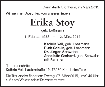 Traueranzeige von Erika Stoy von Echo-Zeitungen (Gesamtausgabe)