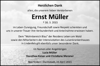 Traueranzeige von Ernst Müller von Echo-Zeitungen (Gesamtausgabe)