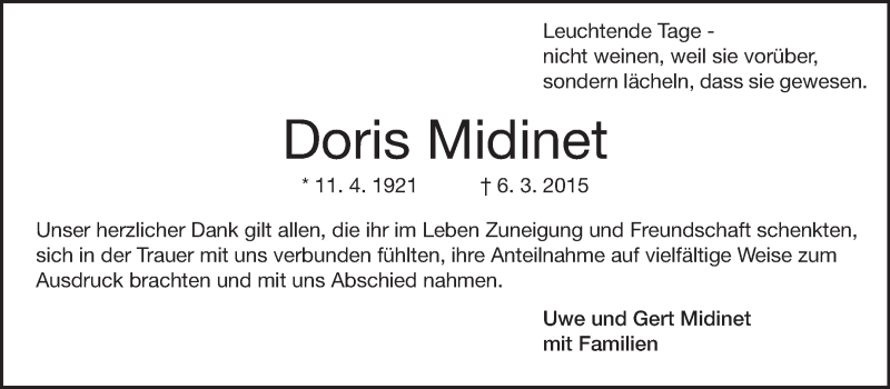  Traueranzeige für Doris Midinet vom 04.04.2015 aus Echo-Zeitungen (Gesamtausgabe)