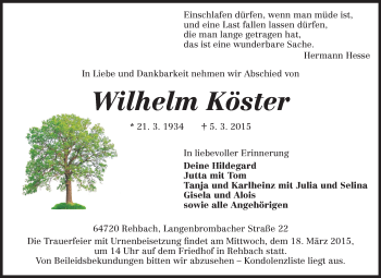 Traueranzeige von Wilhelm Köster von Odenwälder Echo