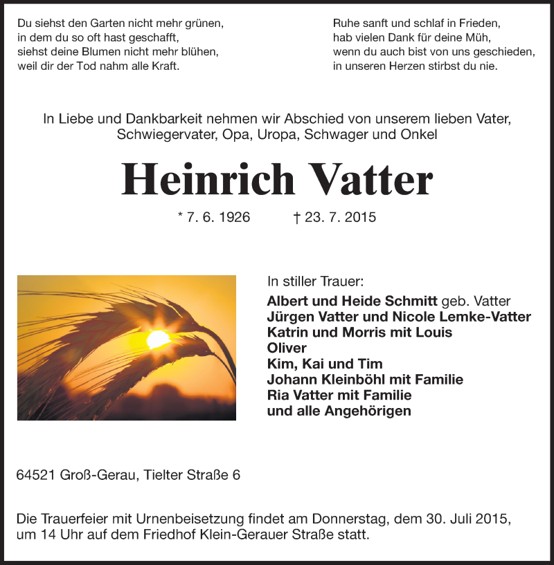  Traueranzeige für Heinrich Vatter vom 28.07.2015 aus Rüsselsheimer Echo, Groß-Gerauer-Echo, Ried Echo