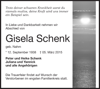 Traueranzeige von Gisela Schenk von Echo-Zeitungen (Gesamtausgabe)