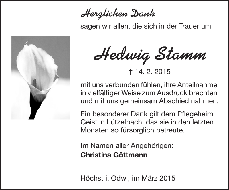  Traueranzeige für Hedwig Stamm vom 11.03.2015 aus Echo-Zeitungen (Gesamtausgabe)