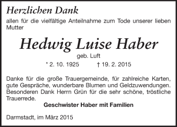 Traueranzeige von Hedwig Luise Haber von Echo-Zeitungen (Gesamtausgabe)