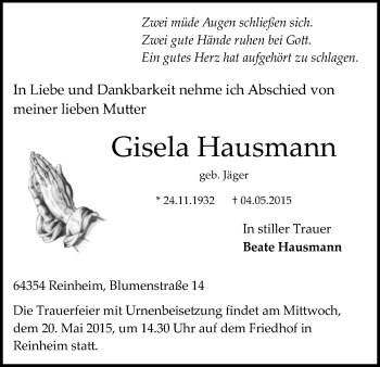 Traueranzeige von Gisela Hausmann von Darmstädter Echo, Odenwälder Echo, Rüsselsheimer Echo, Groß-Gerauer-Echo, Ried Echo