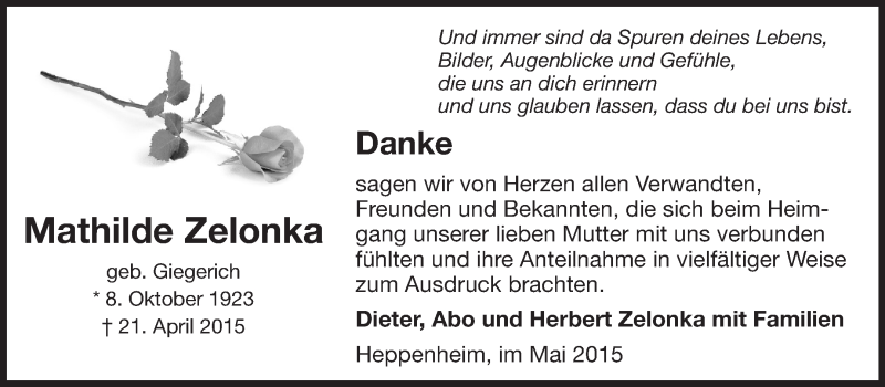  Traueranzeige für Mathilde Zelonka vom 23.05.2015 aus Starkenburger Echo