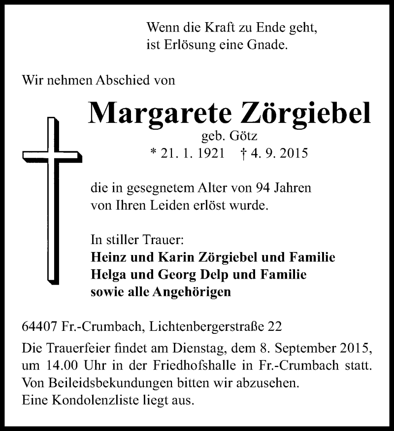  Traueranzeige für Margarete Zörgiebel vom 07.09.2015 aus trauer.echo-online.de