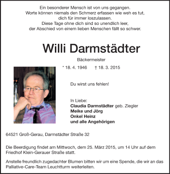 Traueranzeige von Willi Darmstädter von Rüsselsheimer Echo, Groß-Gerauer-Echo, Ried Echo