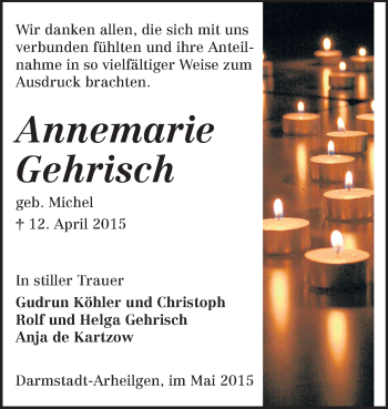 Traueranzeige von Annemarie Gehrisch von Echo-Zeitungen (Gesamtausgabe)