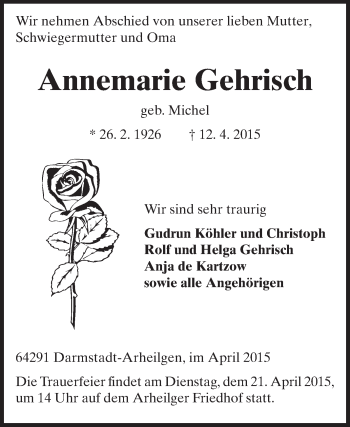 Traueranzeige von Annemarie Gehrisch von Echo-Zeitungen (Gesamtausgabe)