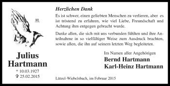 Traueranzeige von Julius Hartmann von Odenwälder Echo