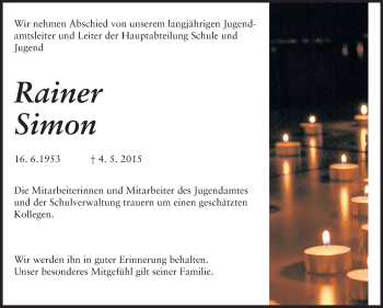 Traueranzeige von Rainer Simon von Odenwälder Echo