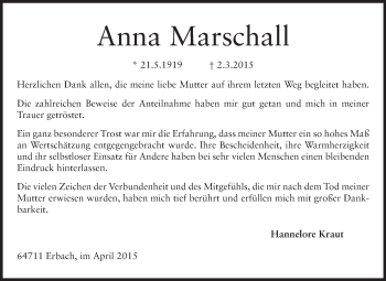 Traueranzeige von Anna Marschall von Odenwälder Echo