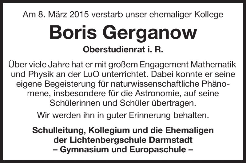  Traueranzeige für Boris Gerganow vom 19.03.2015 aus Echo-Zeitungen (Gesamtausgabe)