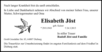 Traueranzeige von Elisabeth Jöst von Echo-Zeitungen (Gesamtausgabe)