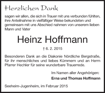 Traueranzeige von Heinz Hoffmann von Echo-Zeitungen (Gesamtausgabe)