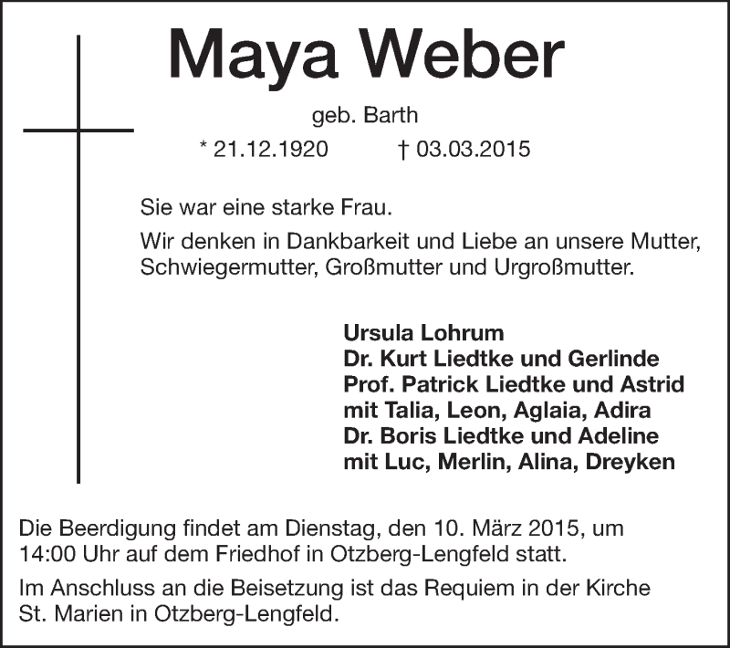  Traueranzeige für Maya Weber vom 07.03.2015 aus Echo-Zeitungen (Gesamtausgabe)