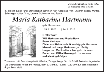 Traueranzeige von Maria Katharina Hartmann von Echo-Zeitungen (Gesamtausgabe)