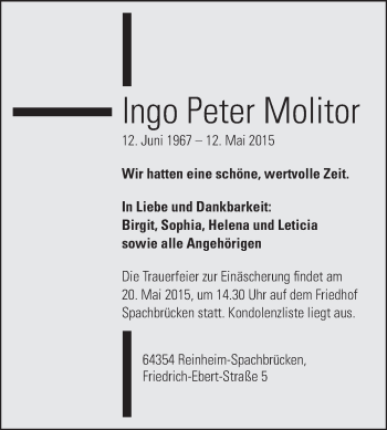 Traueranzeige von Ingo Peter Molitor von Echo-Zeitungen (Gesamtausgabe)