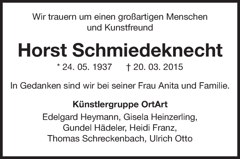  Traueranzeige für Horst Schmiedeknecht vom 31.03.2015 aus Echo-Zeitungen (Gesamtausgabe)