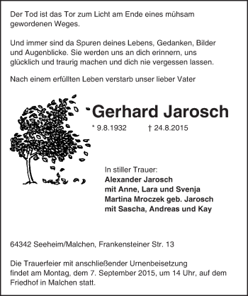 Traueranzeige von Gerhard Jarosch von trauer.echo-online.de