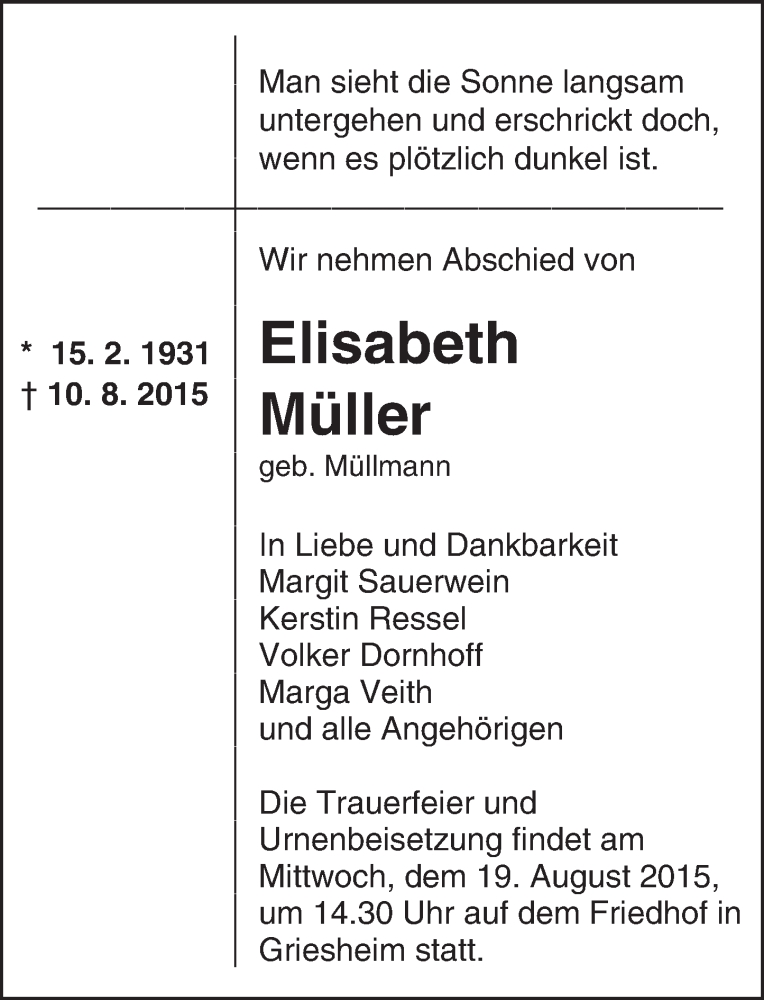  Traueranzeige für Elisabeth Müller vom 15.08.2015 aus trauer.echo-online.de