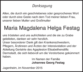 Traueranzeige von Maria Magdalena Helga Festag von trauer.echo-online.de
