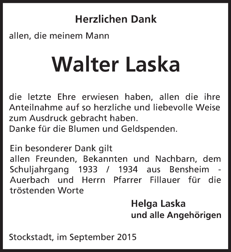 Traueranzeige für Walter Laska vom 03.09.2015 aus trauer.echo-online.de