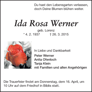 Traueranzeige von Ida Rosa Werner von Echo-Zeitungen (Gesamtausgabe)
