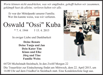 Traueranzeige von Oswald Kuba von Odenwälder Echo