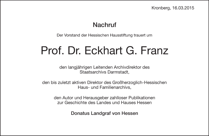  Traueranzeige für Eckhart G Franz vom 21.03.2015 aus Echo-Zeitungen (Gesamtausgabe)