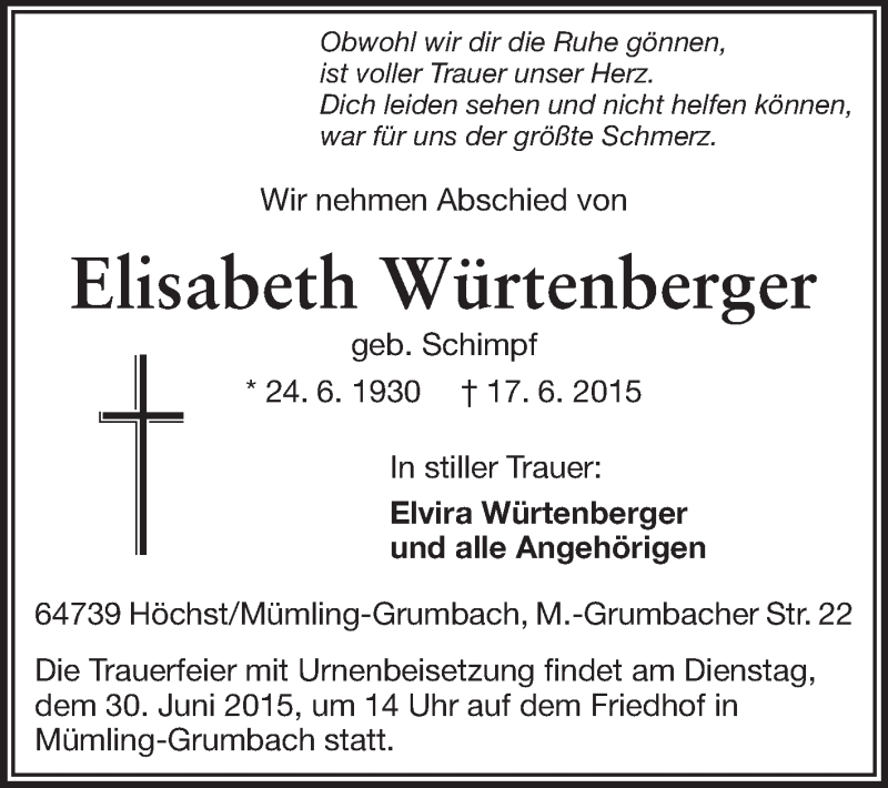  Traueranzeige für Elisabeth Würtenberger vom 27.06.2015 aus Odenwälder Echo