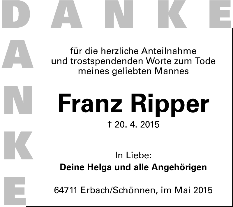 Traueranzeige für Franz Ripper vom 08.05.2015 aus Odenwälder Echo