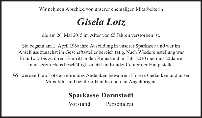  Traueranzeige für Gisela Lotz vom 06.06.2015 aus Echo-Zeitungen (Gesamtausgabe)