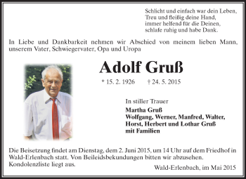 Traueranzeige von Adolf Gruß von Starkenburger Echo