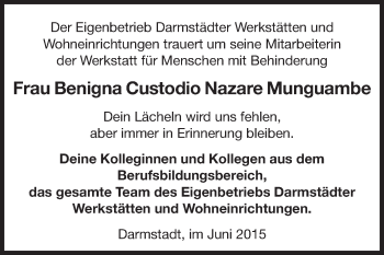 Traueranzeige von Benigna Custodio Nazare Munguambe von Echo-Zeitungen (Gesamtausgabe)