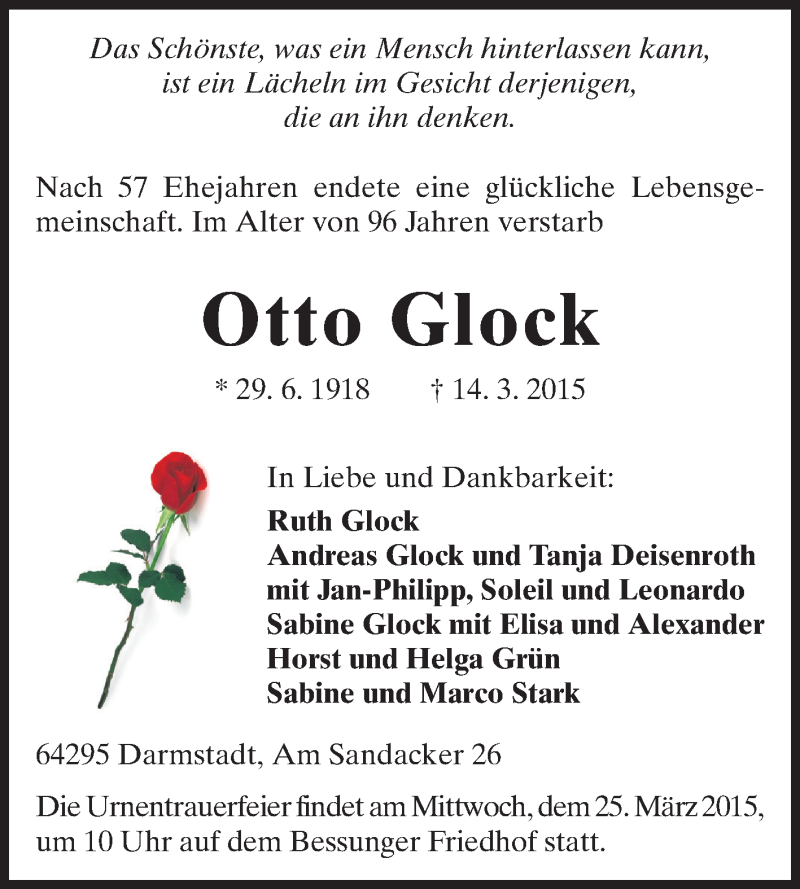  Traueranzeige für Otto Glock vom 21.03.2015 aus Echo-Zeitungen (Gesamtausgabe)
