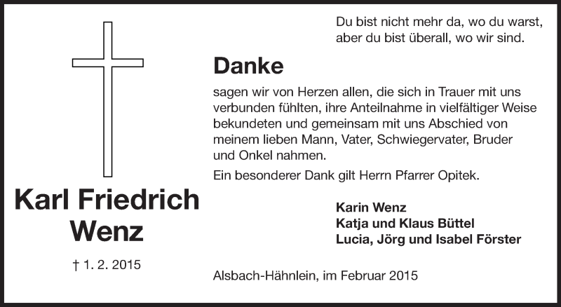 Traueranzeige für Karl Friedrich Wenz vom 21.02.2015 aus Echo-Zeitungen (Gesamtausgabe)