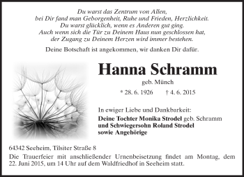Traueranzeige von Hanna Schramm von Echo-Zeitungen (Gesamtausgabe)