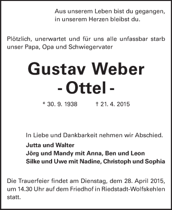Traueranzeige von Gustav Weber von Rüsselsheimer Echo, Groß-Gerauer-Echo, Ried Echo