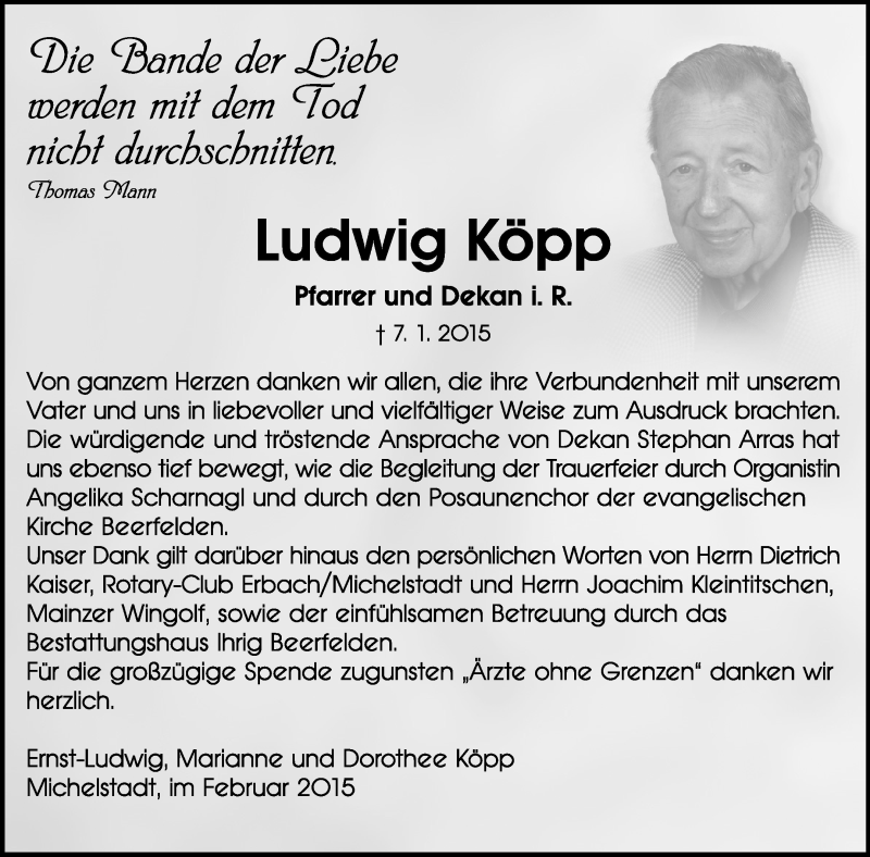  Traueranzeige für Ludwig Köpp vom 14.02.2015 aus Odenwälder Echo