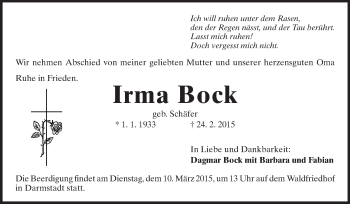 Traueranzeige von Irma Bock von Echo-Zeitungen (Gesamtausgabe)