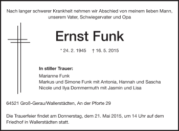 Traueranzeige von Ernst Funk von Rüsselsheimer Echo, Groß-Gerauer-Echo, Ried Echo