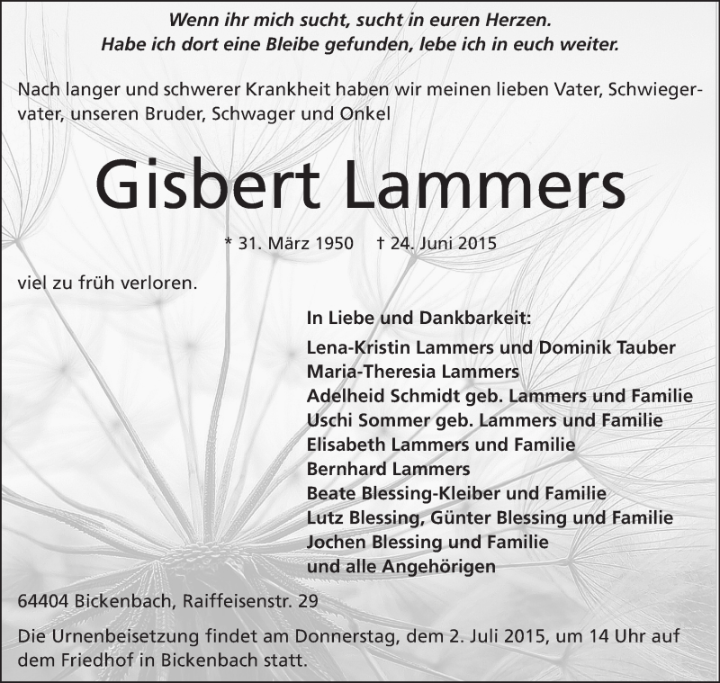  Traueranzeige für Gisbert Lammers vom 27.06.2015 aus Echo-Zeitungen (Gesamtausgabe)
