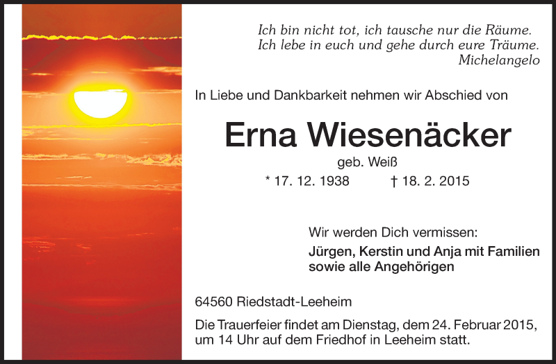  Traueranzeige für Erna Wiesenäcker vom 21.02.2015 aus Rüsselsheimer Echo, Groß-Gerauer-Echo, Ried Echo